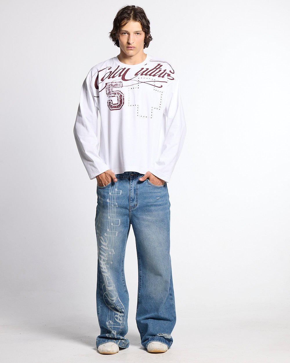 BLESSINGS LONGSLEEVE WHITE - white script print longsleeve tee, front view on male model - Cold Culture #man