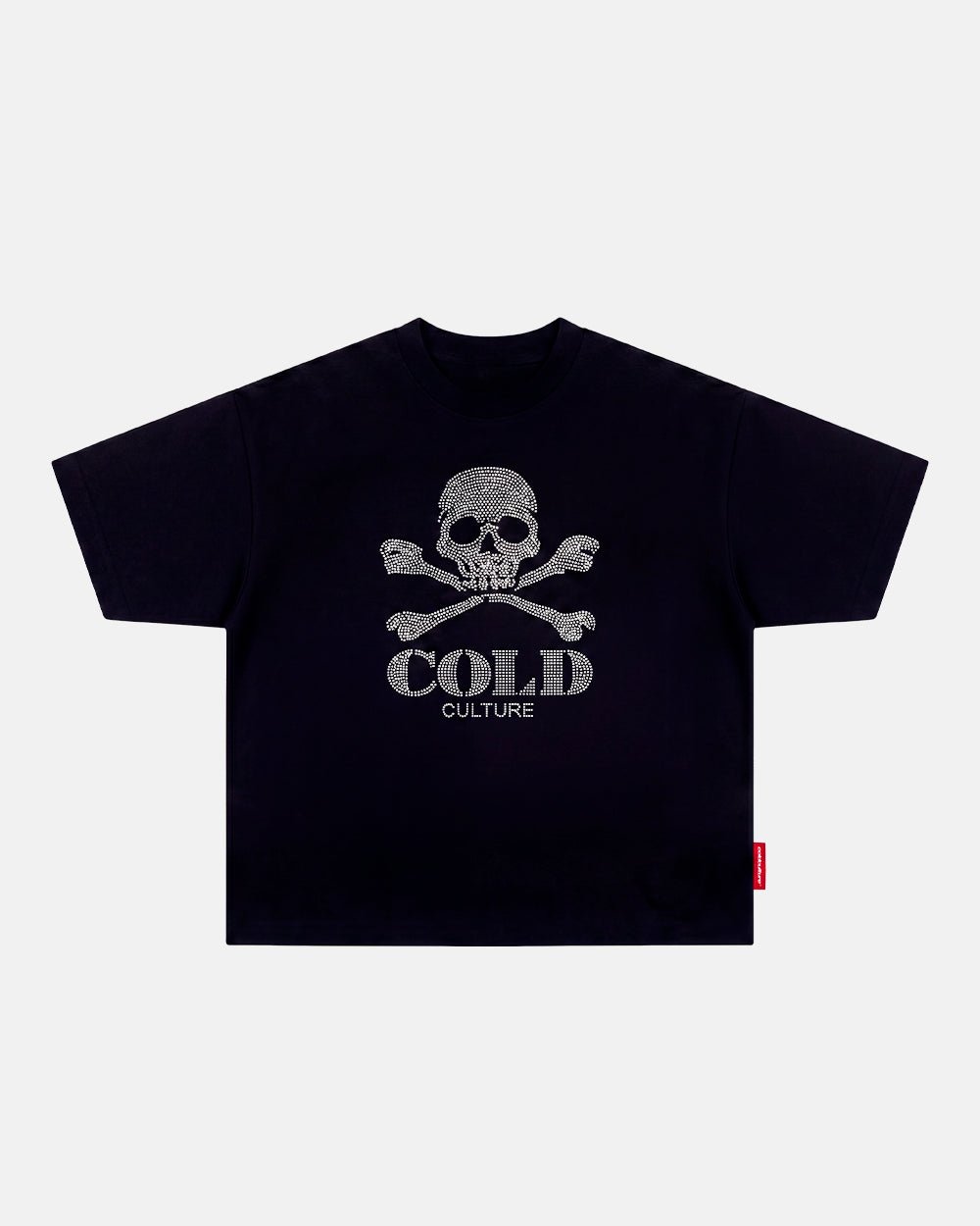 BLING SKULL TEE BLACK - black skull graphic tee, front view - Cold Culture #packshot