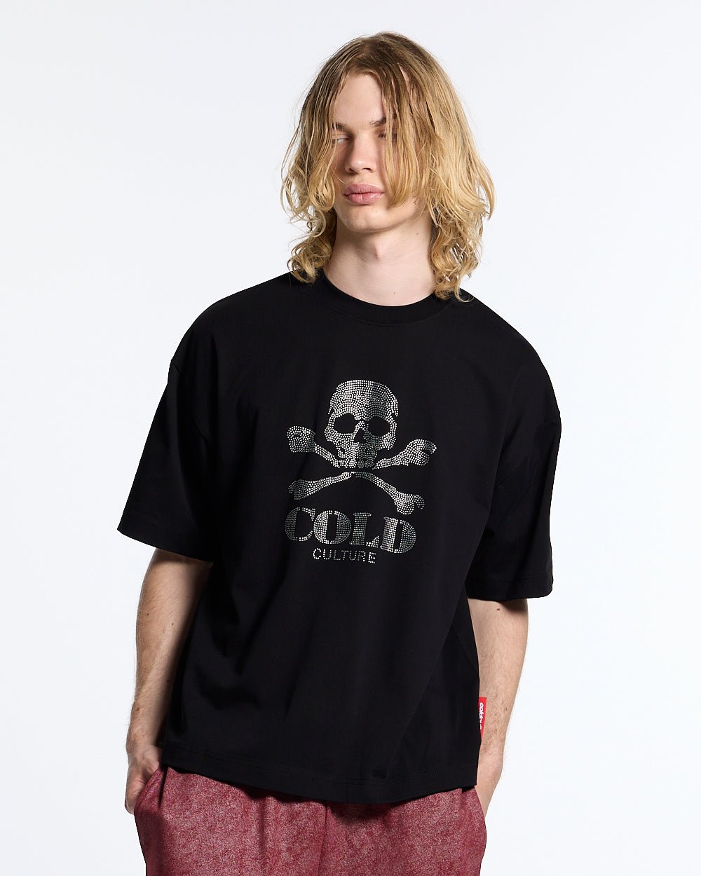 BLING SKULL TEE BLACK - black skull graphic tee, front view on male model - Cold Culture #man