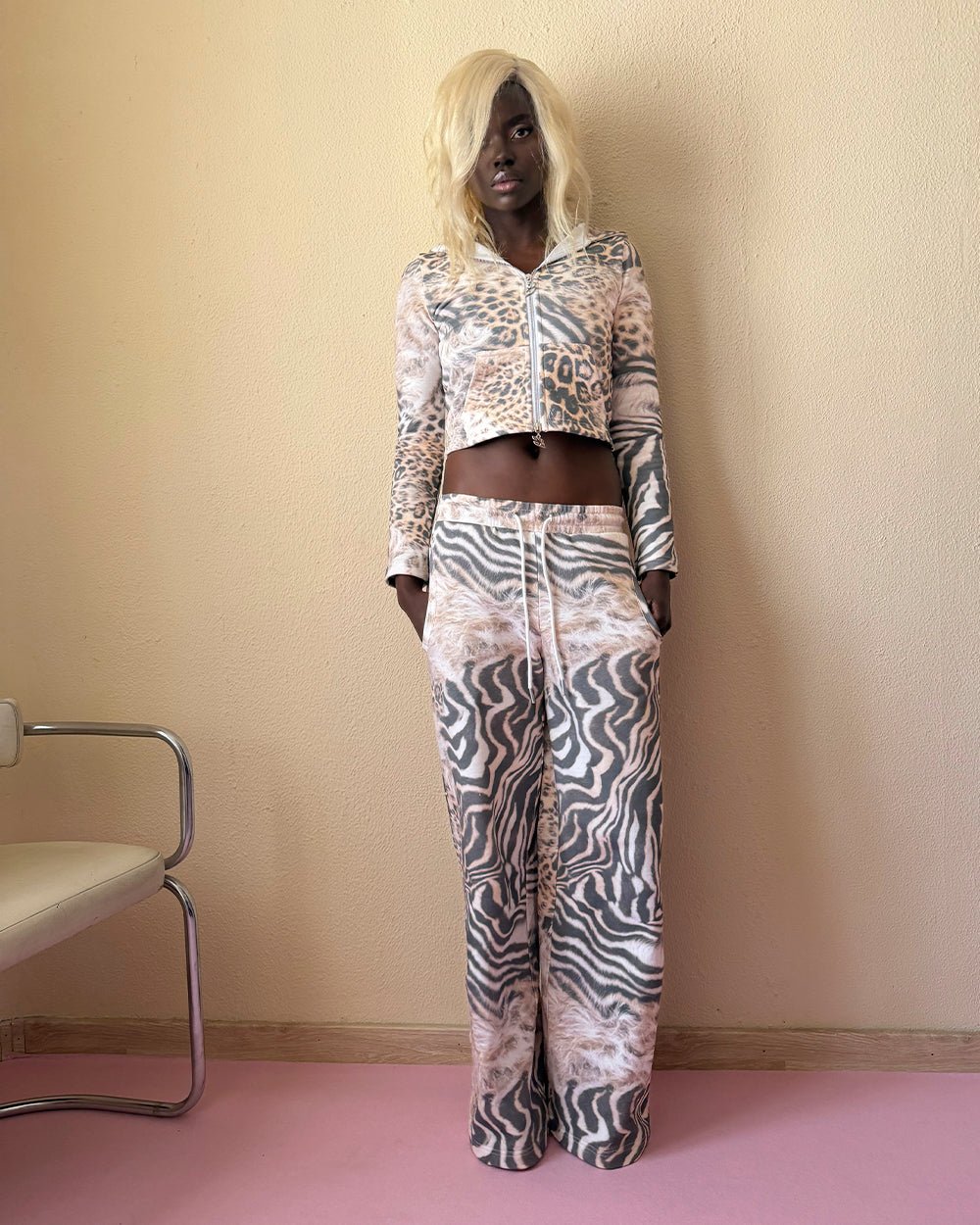 BLING SWEATPANTS LEOPARD - leopard print sweatpants, front view on female model - Cold Culture #woman