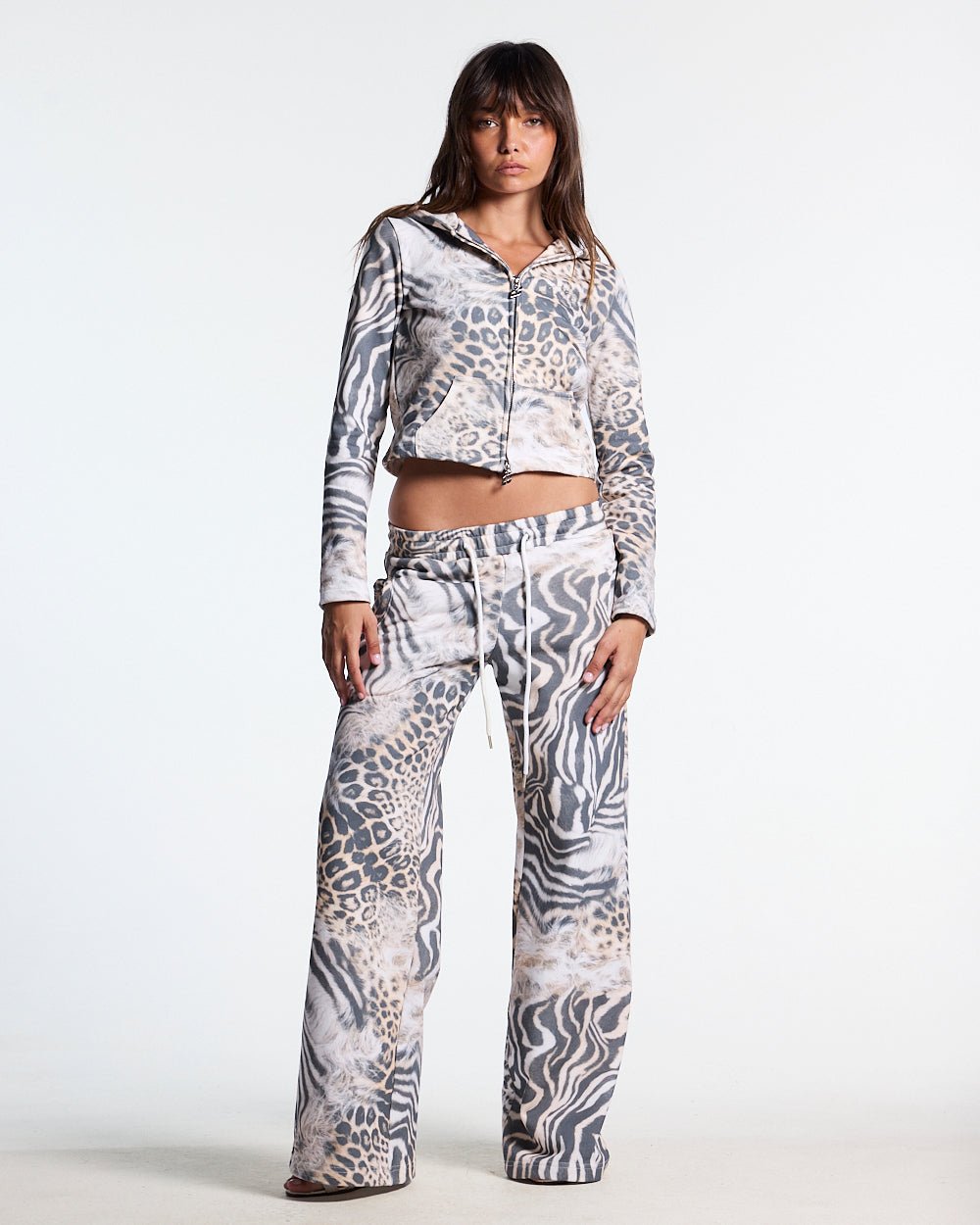 BLING SWEATPANTS LEOPARD - leopard print sweatpants, front view on female model - Cold Culture #woman
