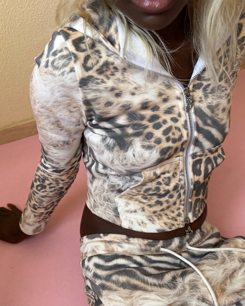 BLING ZIP HOODIE LEOPARD - leopard print cropped zip hoodie, on model close-up - Cold Culture