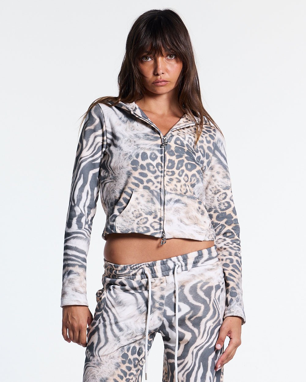 BLING ZIP HOODIE LEOPARD - leopard print cropped zip hoodie, front view on female model - Cold Culture #woman