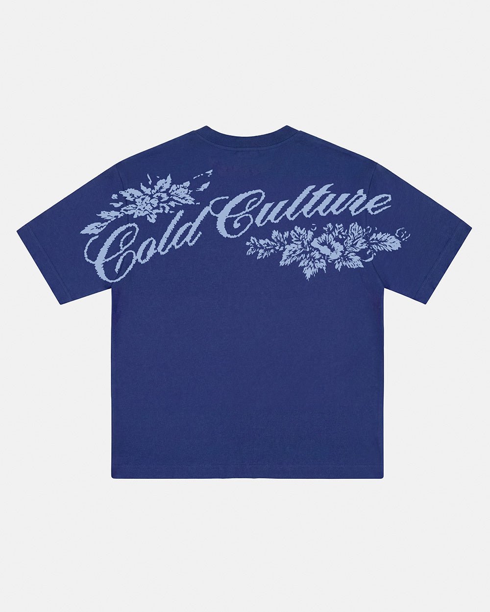 BLOOM TEE NAVY - navy floral print tee, back view - Cold Culture #packshot