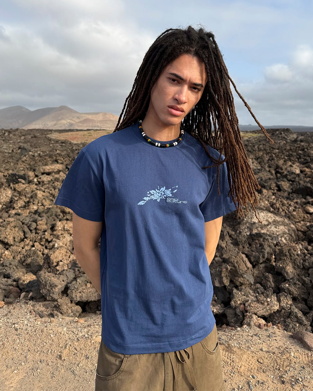 BLOOM TEE NAVY - navy floral print tee, street style shot - Cold Culture