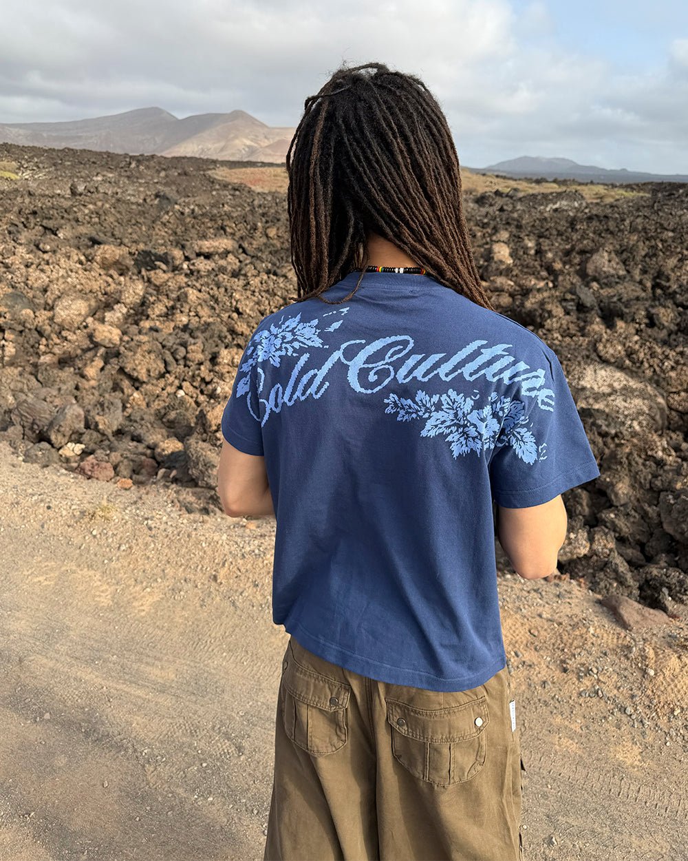BLOOM TEE NAVY - navy floral print tee, street style shot - Cold Culture