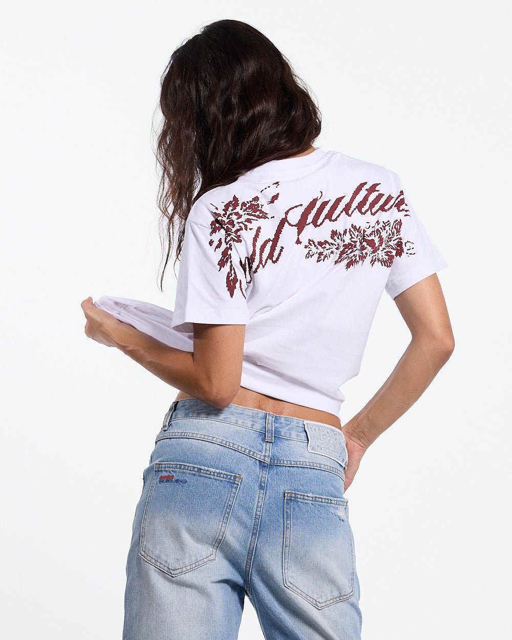 BLOOM TEE WHITE - white floral print tee, back view on female model - Cold Culture #woman