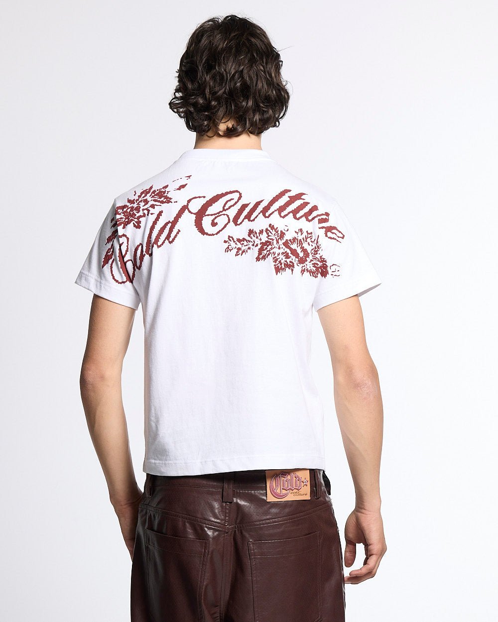 BLOOM TEE WHITE - white floral print tee, back view on male model - Cold Culture #man