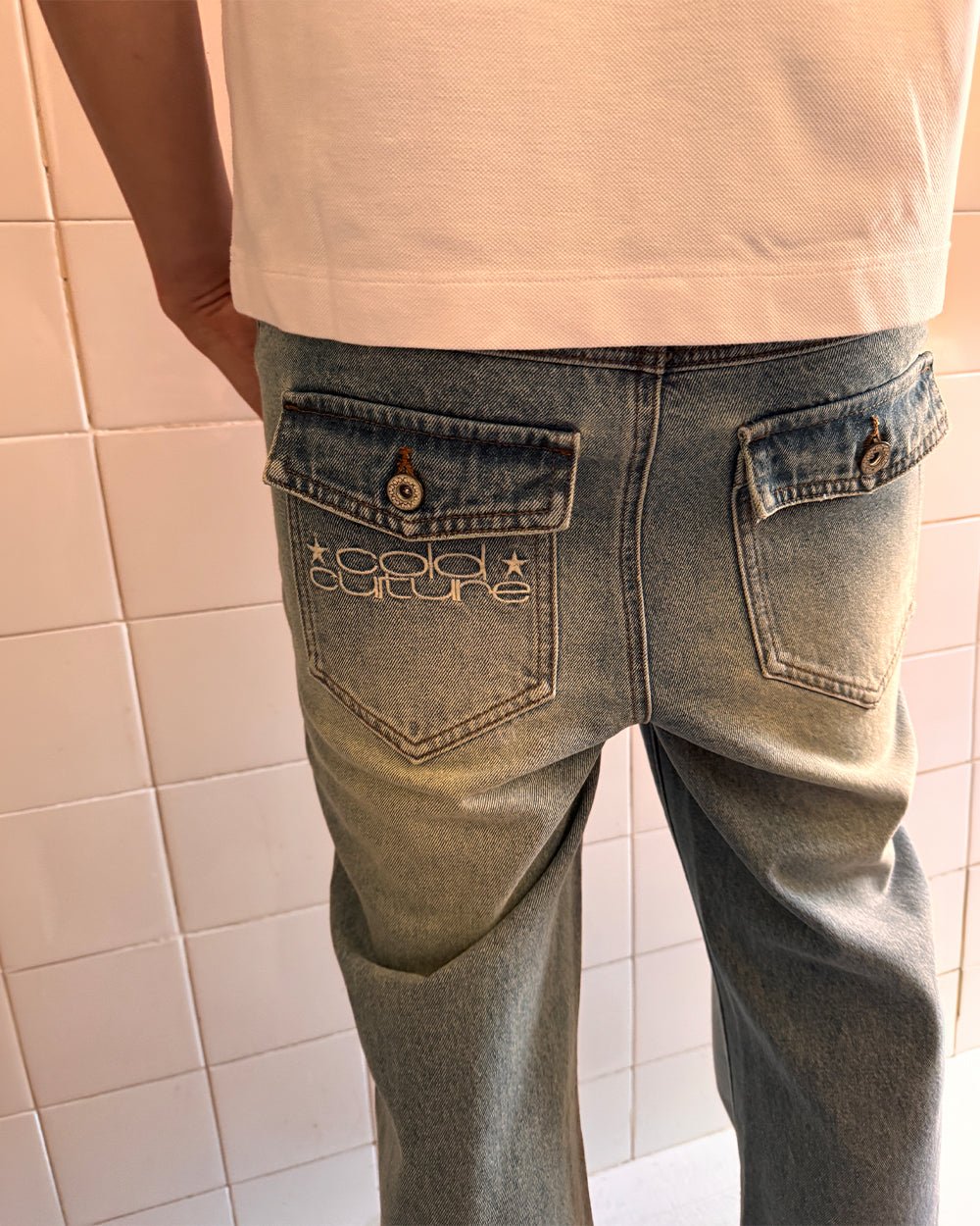 BLURRED V5 BOOTCUT PANTS LIGHT DENIM - light wash denim bootcut pants, worn detail - Cold Culture