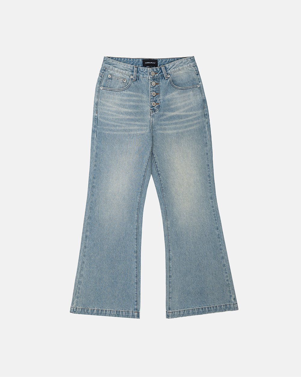 BLURRED V5 BOOTCUT PANTS LIGHT DENIM - light wash denim bootcut pants, front view - Cold Culture #packshot