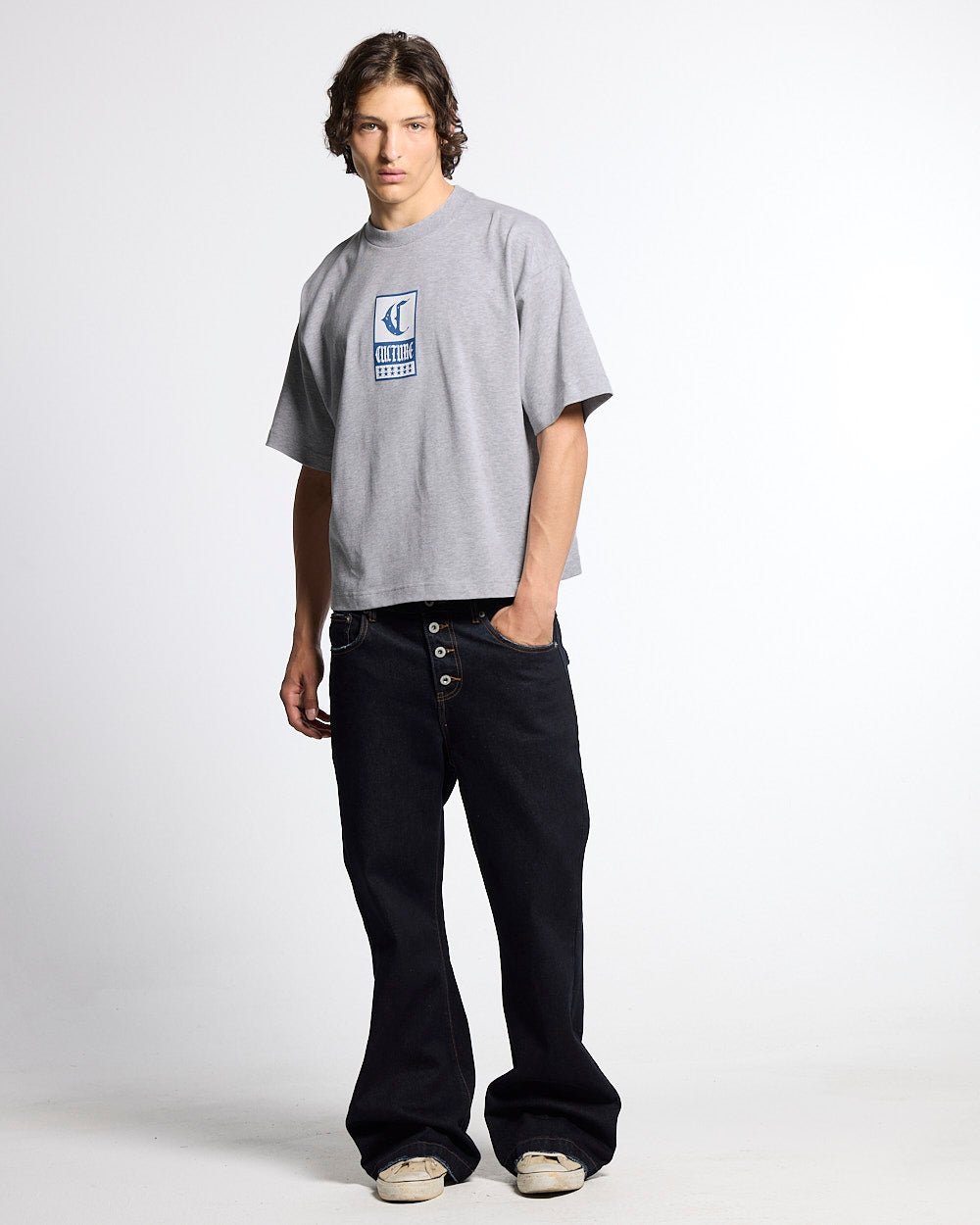 BLURRED V5 BOOTCUT PANTS RAW DENIM - raw denim bootcut pants, front view on male model - Cold Culture #man