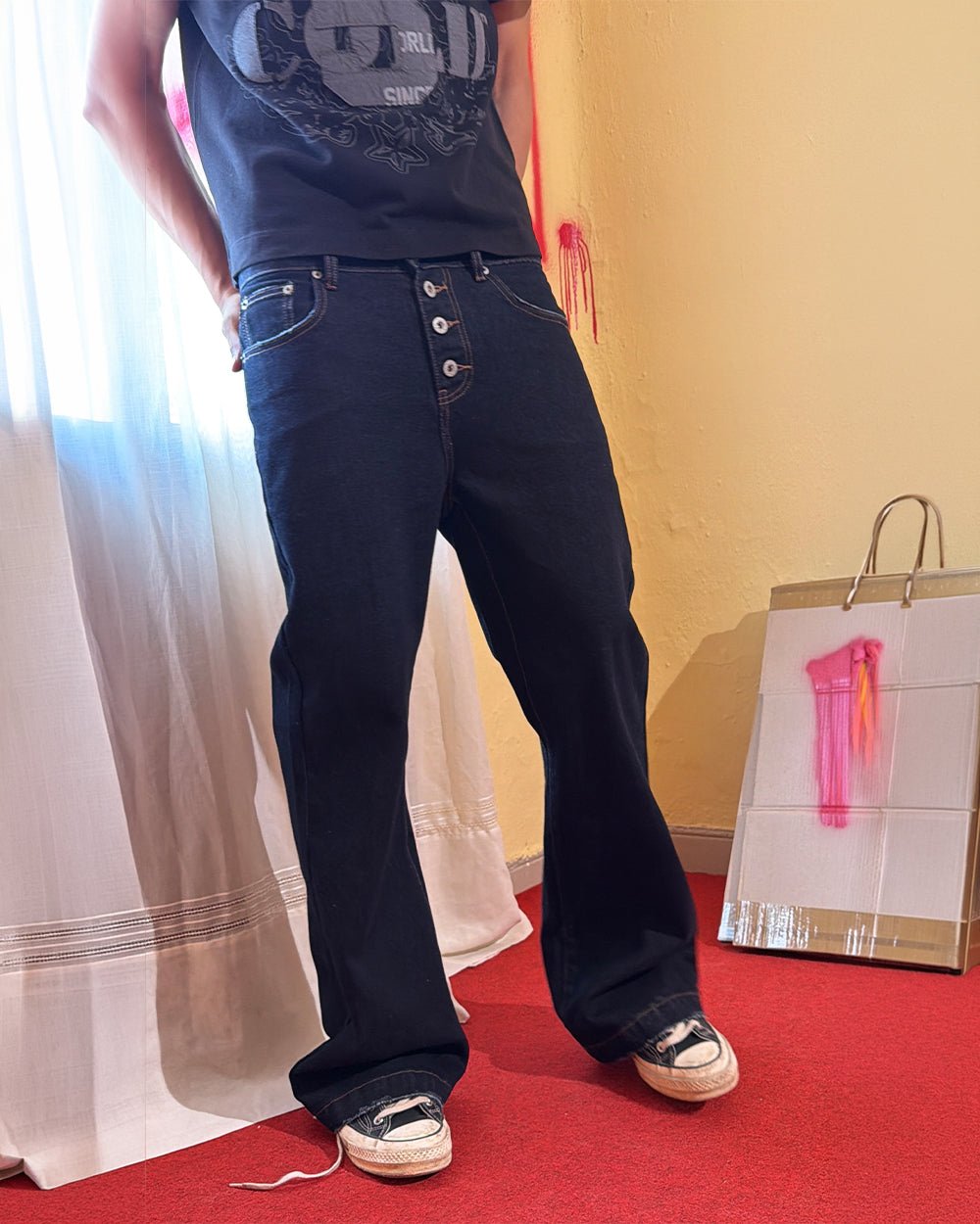 BLURRED V5 BOOTCUT PANTS RAW DENIM - raw denim bootcut pants, street style shot - Cold Culture