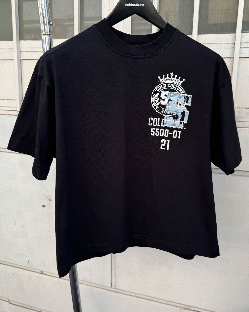BOARDING TEE BLACK - black graphic print tee, front view - Cold Culture