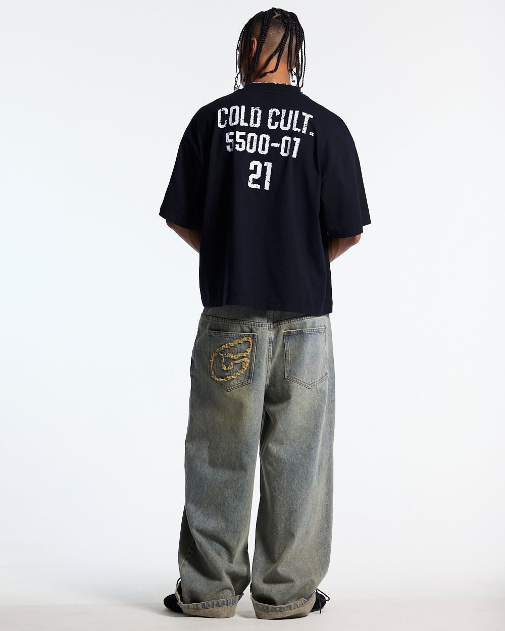 BOARDING TEE BLACK - black graphic print tee, back view on male model - Cold Culture #man