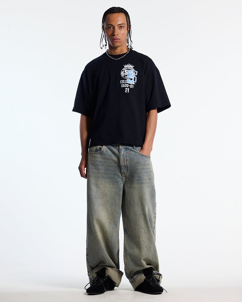 BOARDING TEE BLACK - black graphic print tee, front view on male model - Cold Culture #man