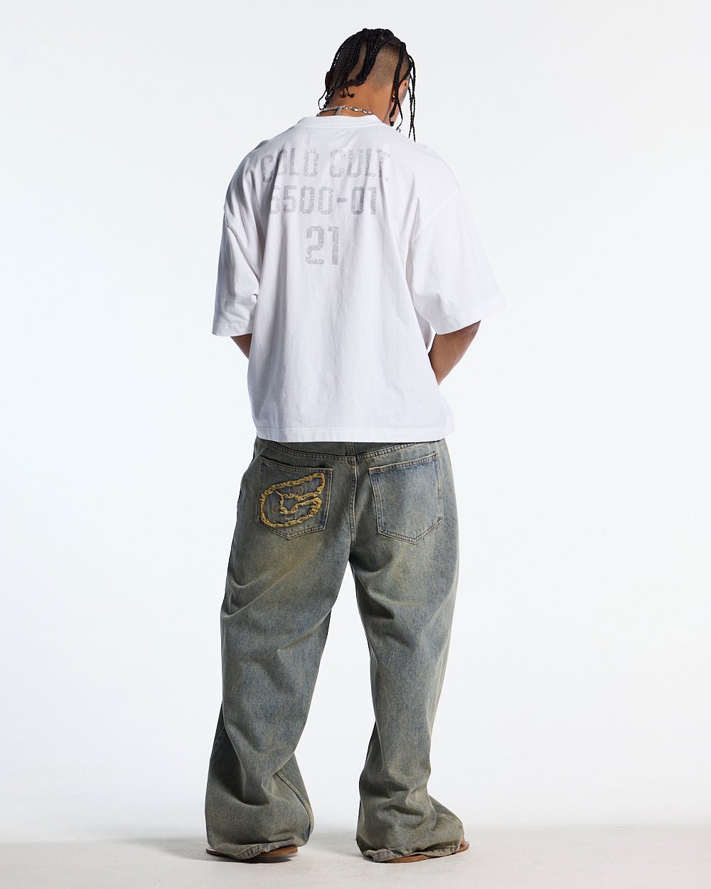 BOARDING TEE WHITE - white oversized graphic tee, back view on male model - Cold Culture #man