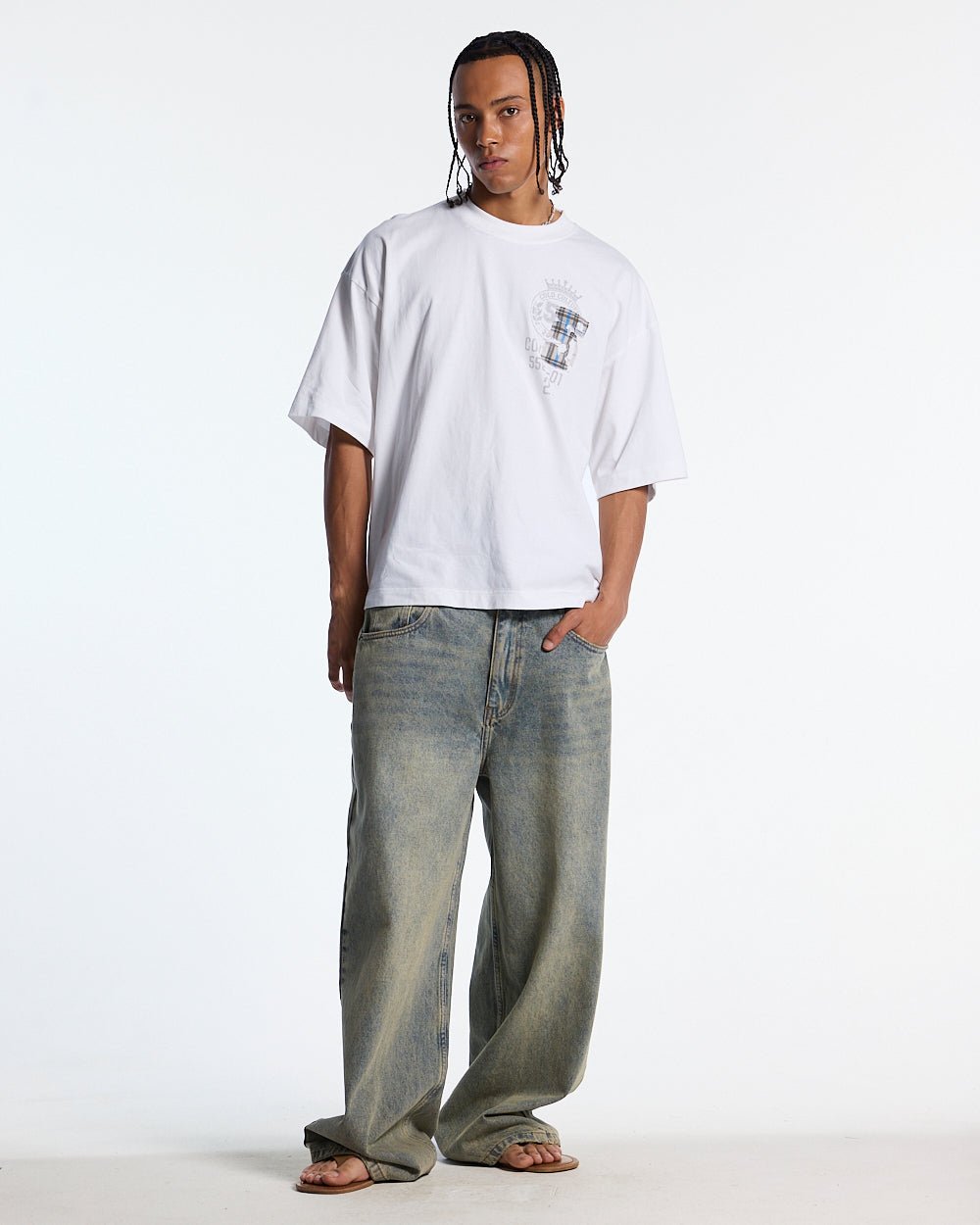 BOARDING TEE WHITE - white oversized graphic tee, front view on male model - Cold Culture #man