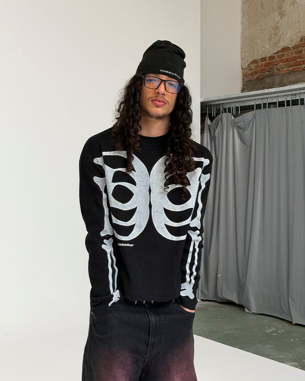BONEY LONGSLEEVE BLACK - black skeleton print longsleeve tee, front view on male model - Cold Culture