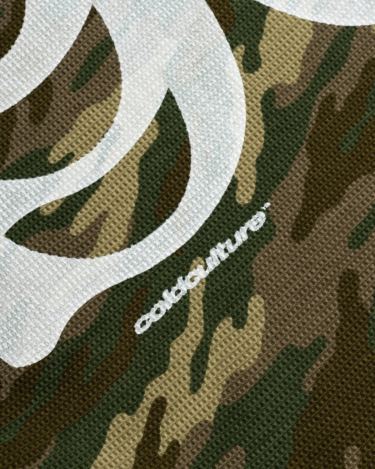 BONEY LONGSLEEVE CAMO - camo skeleton print longsleeve tee, detail close-up - Cold Culture