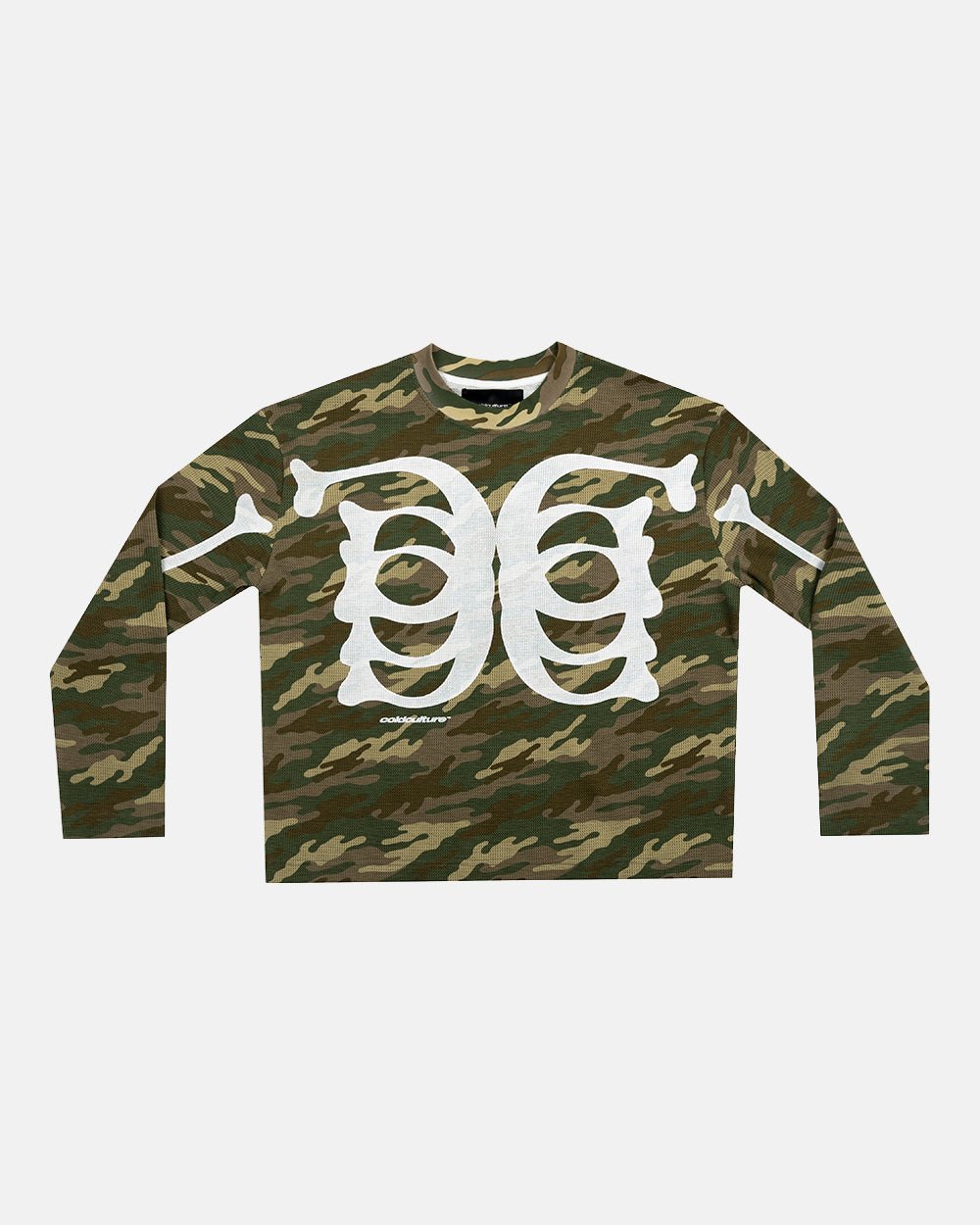 BONEY LONGSLEEVE CAMO - camo skeleton print longsleeve tee, front view - Cold Culture #packshot