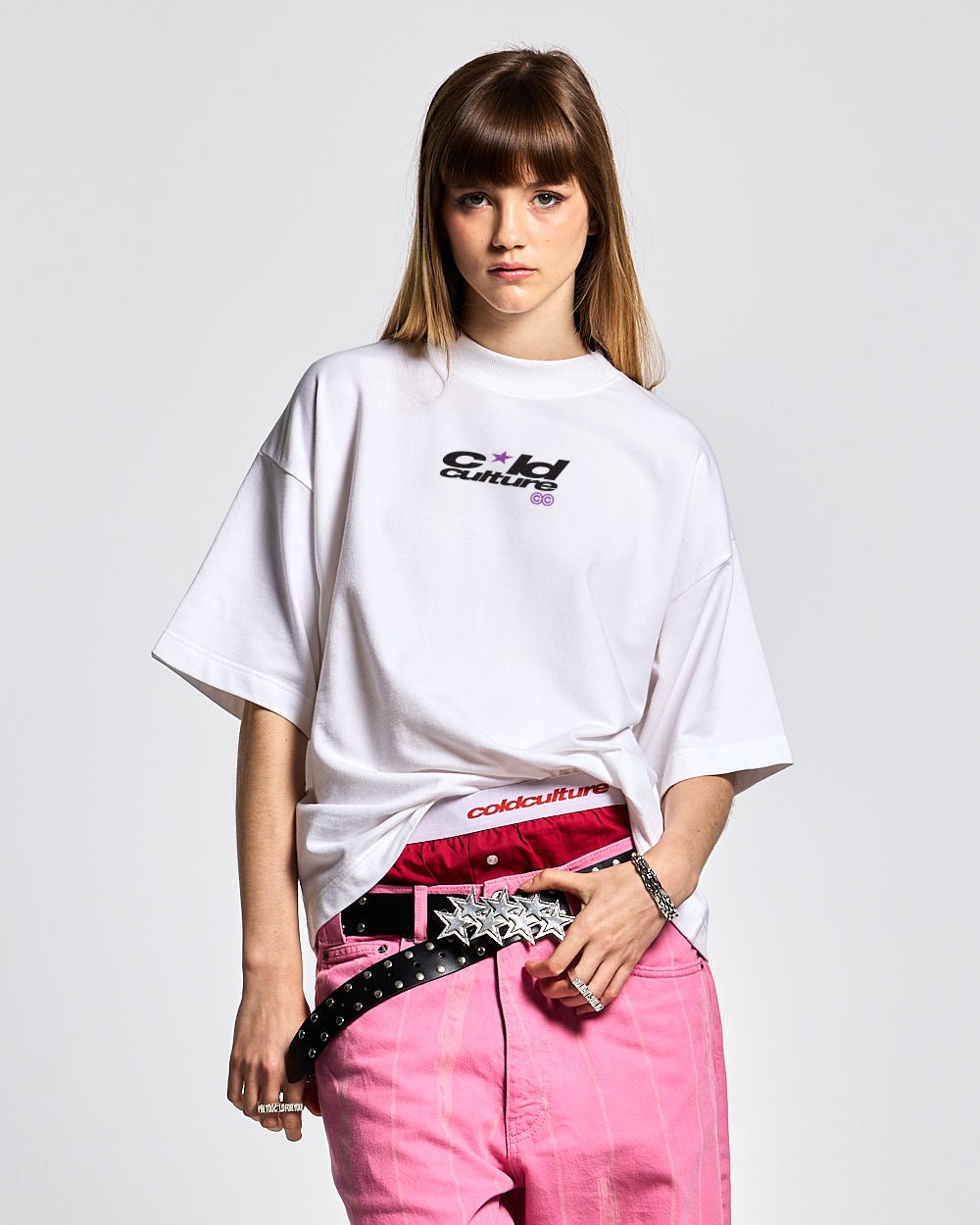 BOOM TEE WHITE - white graphic print tee, front view on female model - Cold Culture #woman
