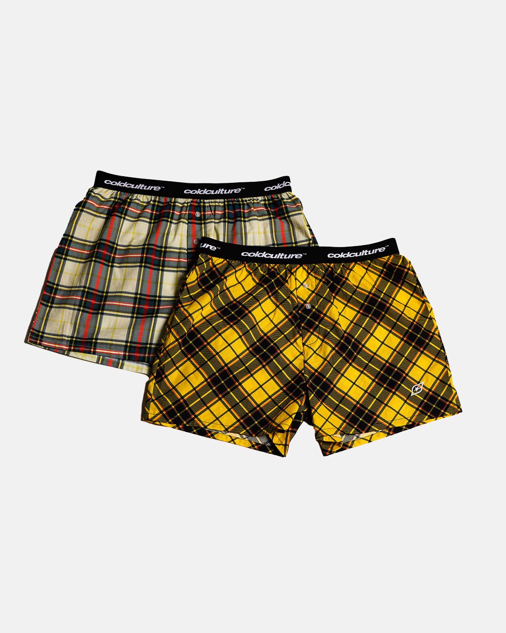 BOXERS SQUARES PACK YELLOW/CREAM TARTAN - yellow tartan boxers pack, flat lay with matching pieces - Cold Culture #packshot