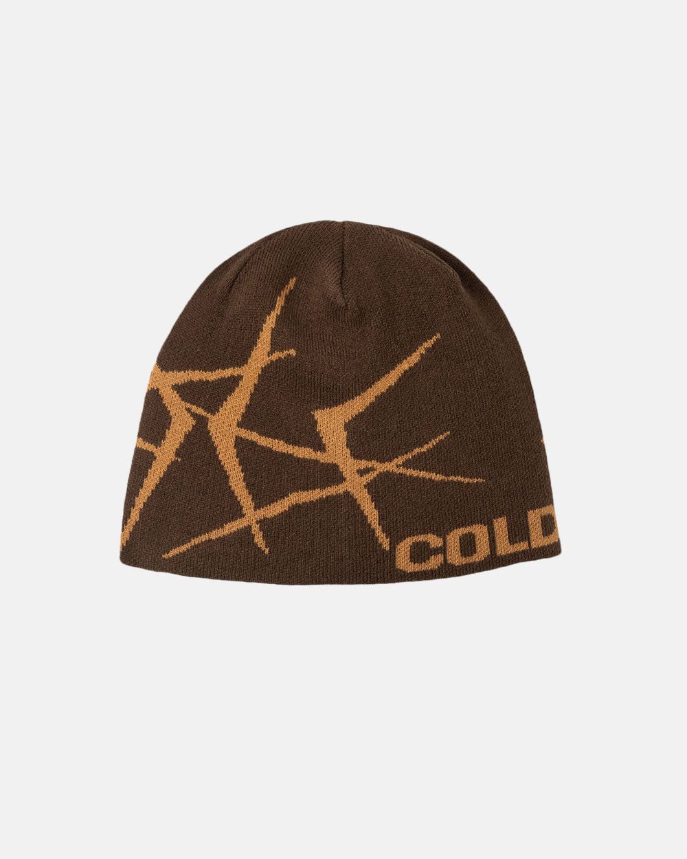 BRAMBLES BEANIE DARK GOLD - brown knit beanie, front view - Cold Culture #packshot