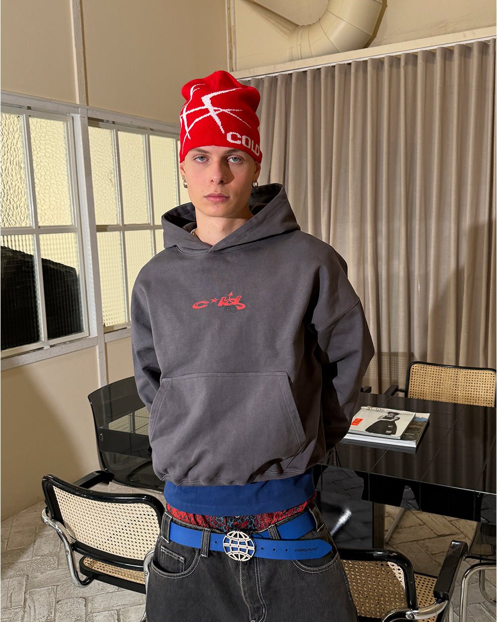 BRAMBLES BEANIE RED - red patterned beanie, street style shot - Cold Culture