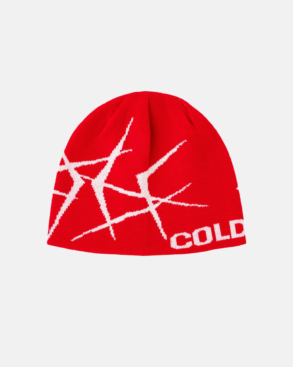 BRAMBLES BEANIE RED - red patterned beanie, front view - Cold Culture #packshot