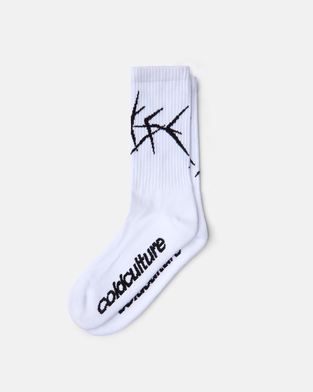 BRAMBLES SOCKS WHITE/BLACK - white graphic print socks, flat lay - Cold Culture #packshot