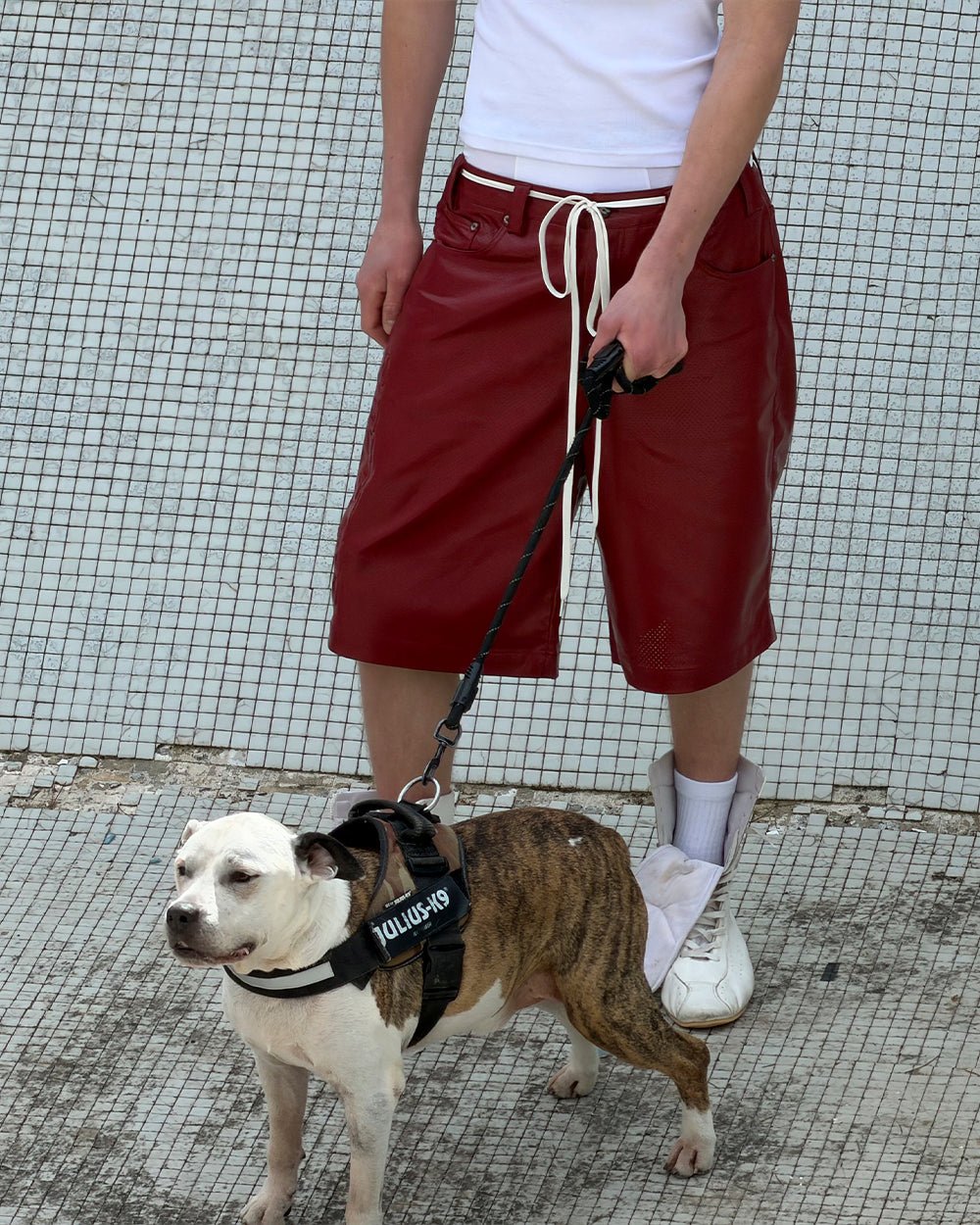 BRAVE SHORT BURGUNDY - burgundy perforated leather shorts, street style shot - Cold Culture