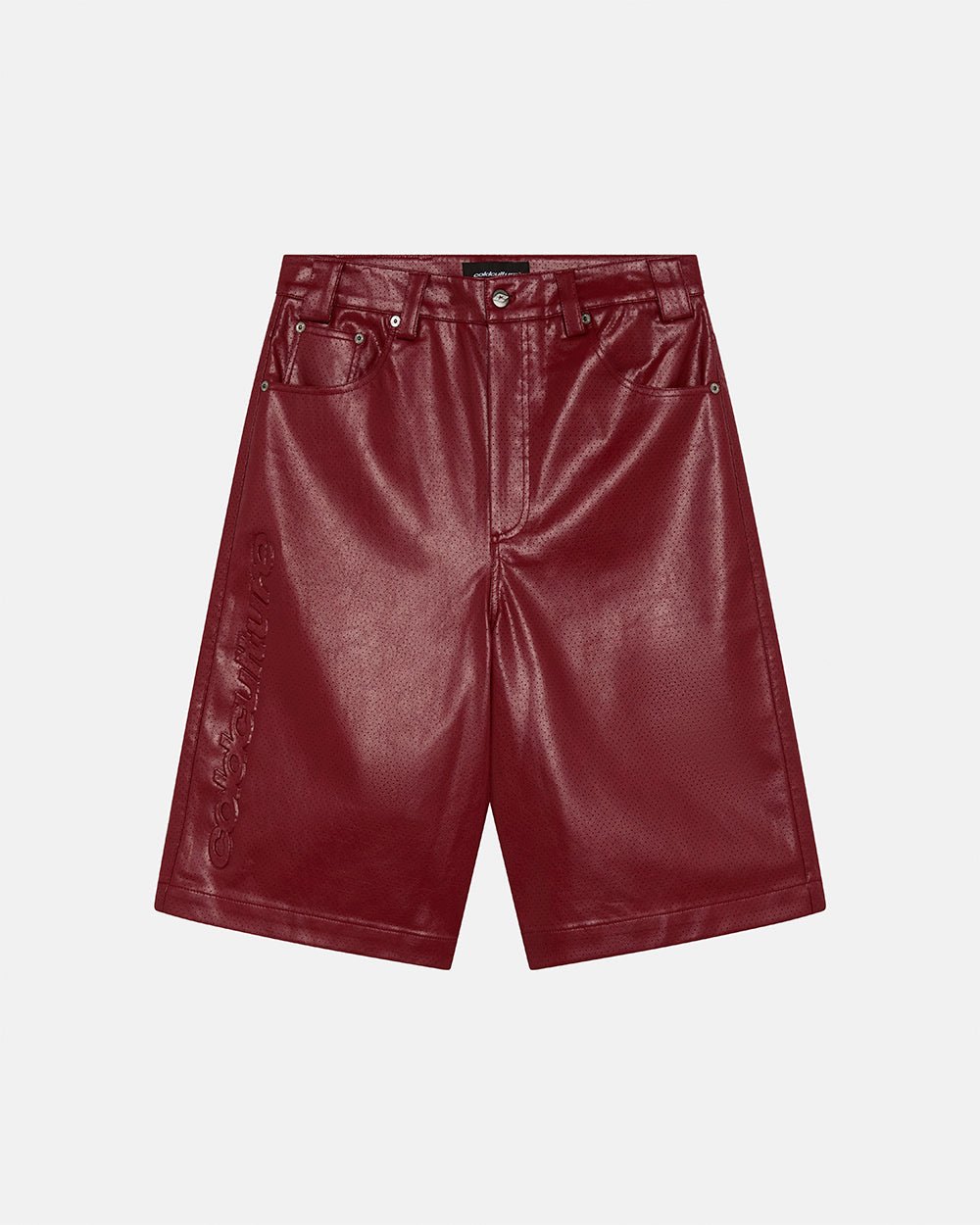 BRAVE SHORT BURGUNDY - burgundy perforated leather shorts, front view - Cold Culture #packshot