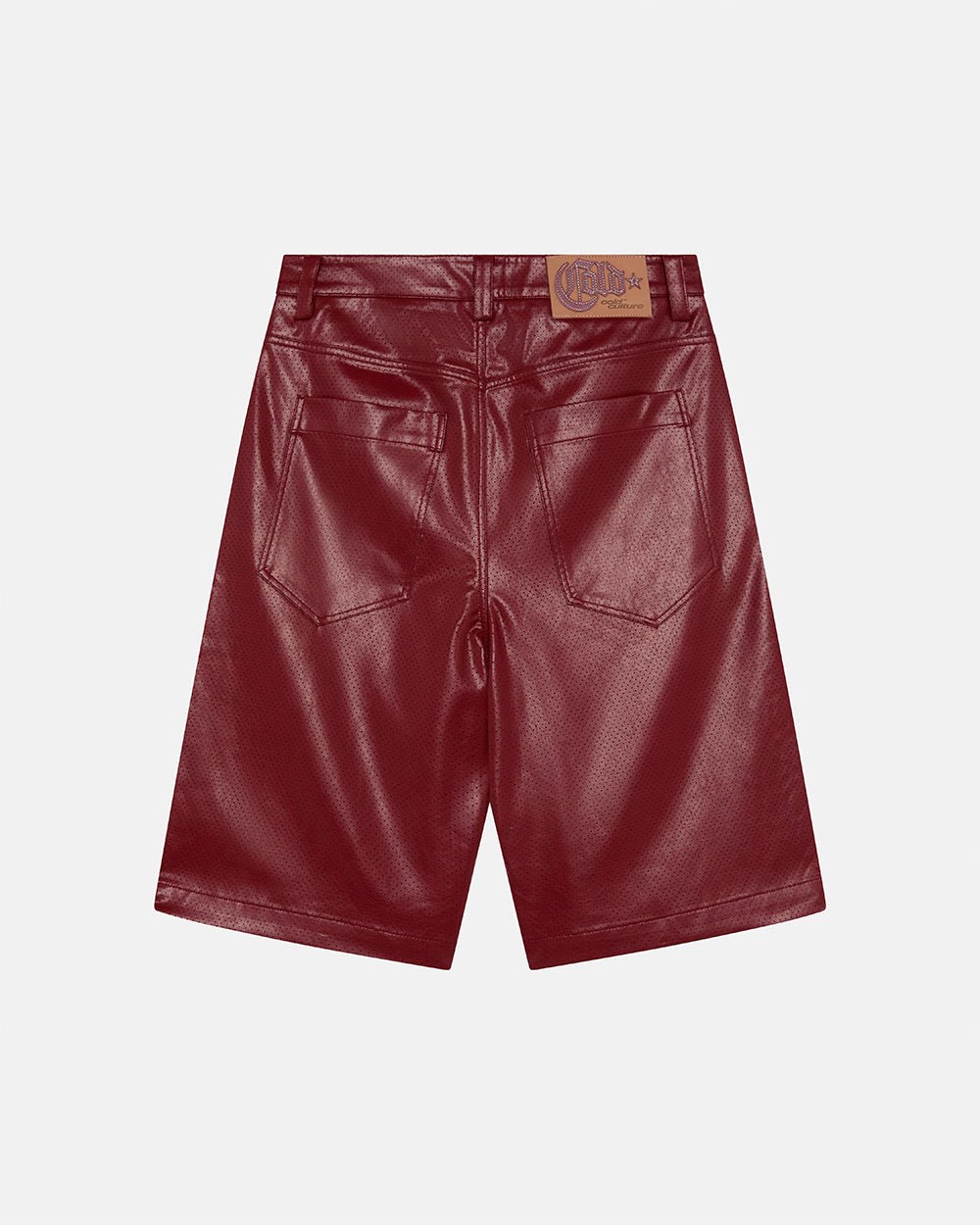 BRAVE SHORT BURGUNDY - burgundy perforated leather shorts, back view - Cold Culture #packshot