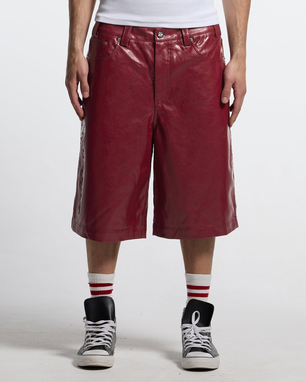 BRAVE SHORT BURGUNDY - burgundy perforated leather shorts, front view on male model - Cold Culture