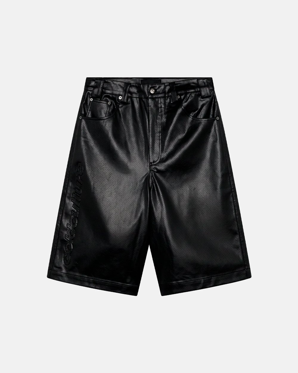 BRAVE SHORTS BLACK - black faux leather shorts, front view - Cold Culture #packshot