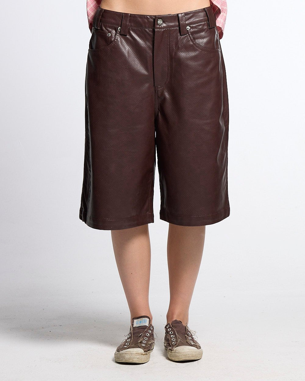 BRAVE SHORTS BROWN - brown faux leather shorts, front view on female model - Cold Culture #woman