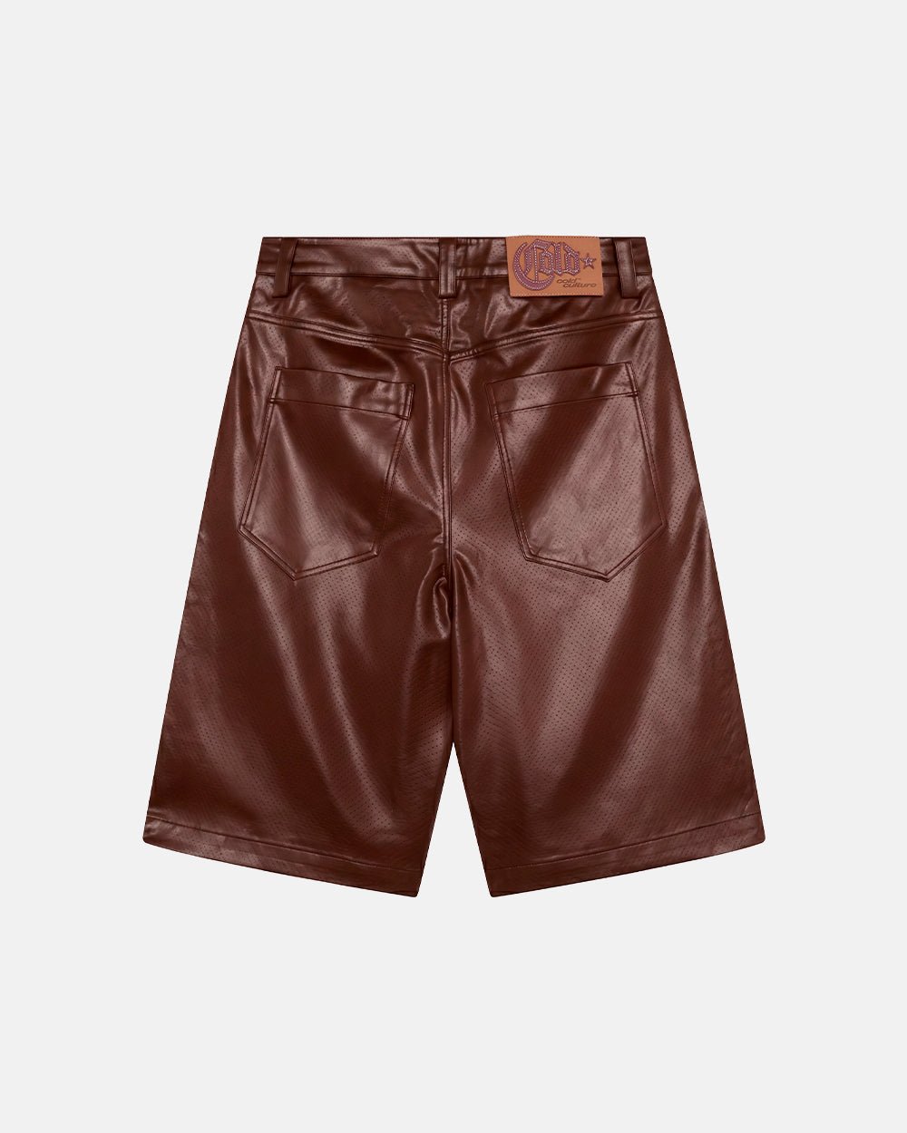 BRAVE SHORTS BROWN - brown faux leather shorts, back view - Cold Culture #packshot