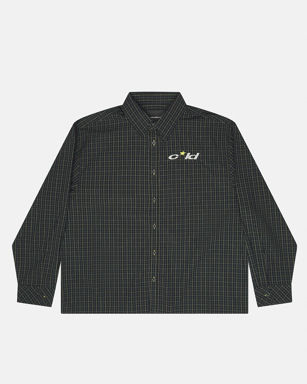 BRICK LANE SHIRT BLACK SQUARE - black checked long sleeve shirt, front view - Cold Culture #packshot