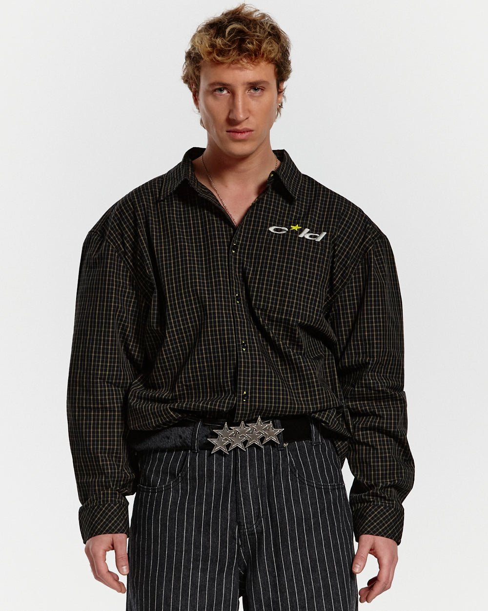 BRICK LANE SHIRT BLACK SQUARE - black checked long sleeve shirt, front view on male model - Cold Culture #man
