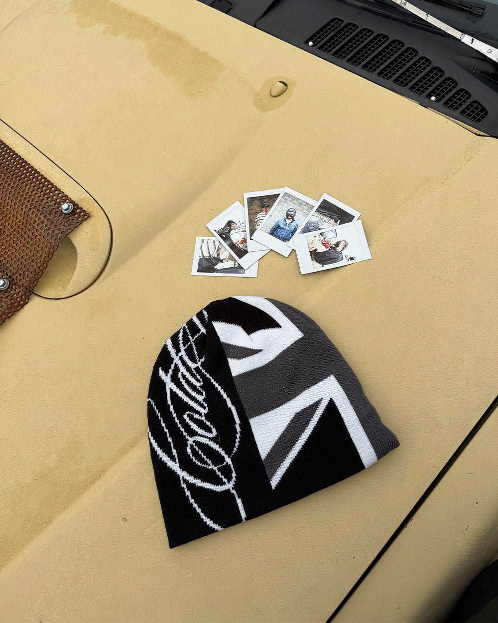 BRIGHTON BEANIE BLACK & GREY - black and grey knit beanie, flat lay - Cold Culture