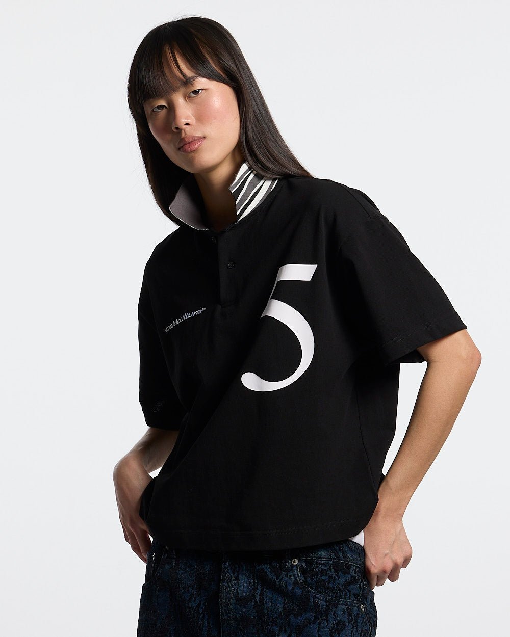 BRIGHTON POLO BLACK - black cropped polo shirt, front view on female model - Cold Culture #woman