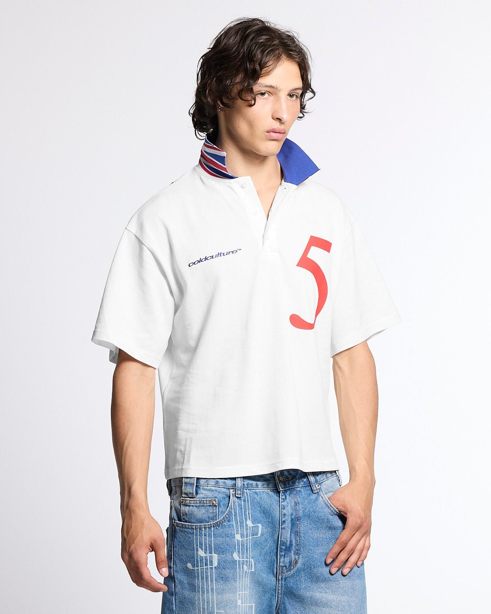 BRIGHTON POLO OFF WHITE - off-white cropped polo shirt, front view on male model - Cold Culture #man