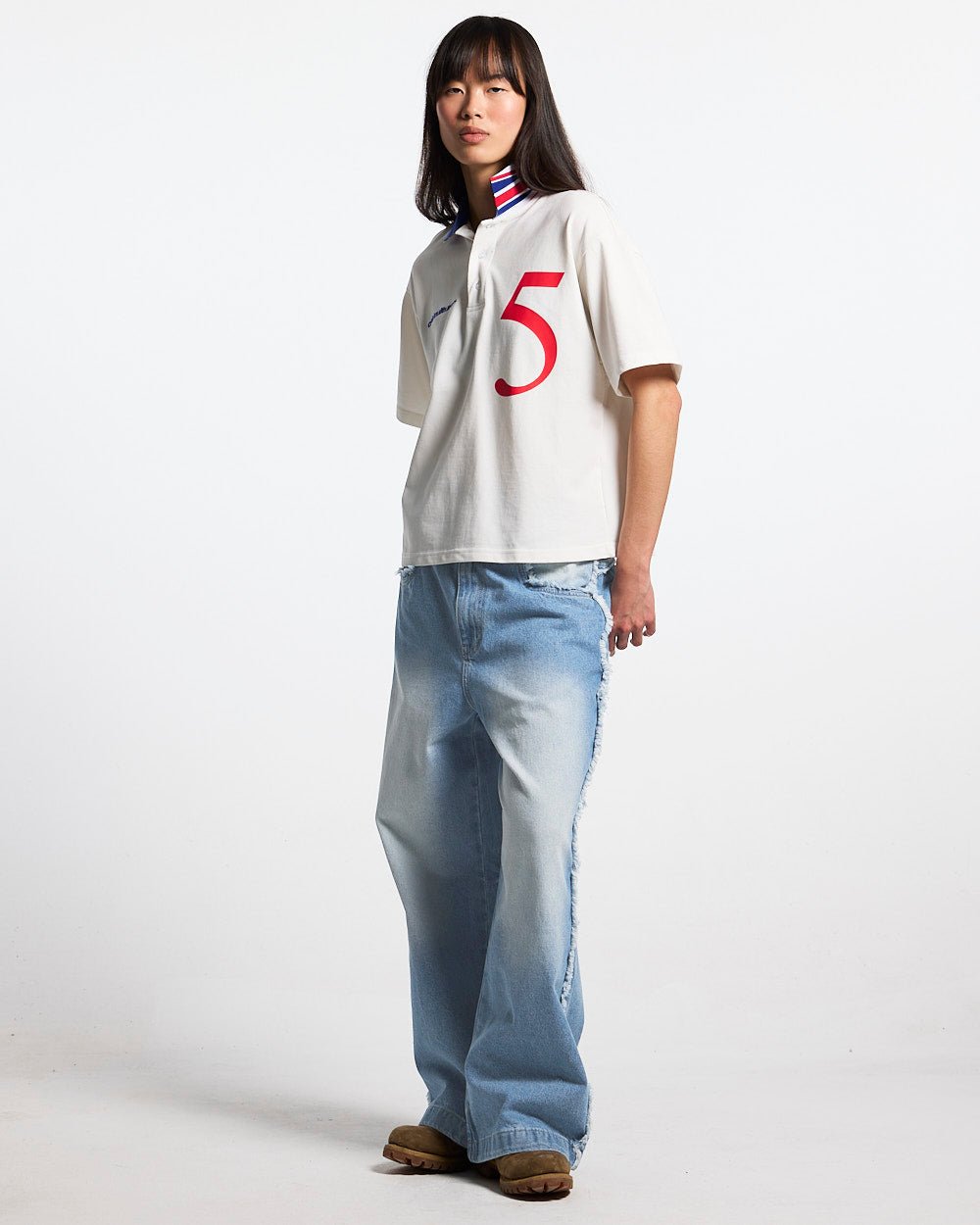 BRIGHTON POLO OFF WHITE - off-white cropped polo shirt, front view on female model - Cold Culture #woman