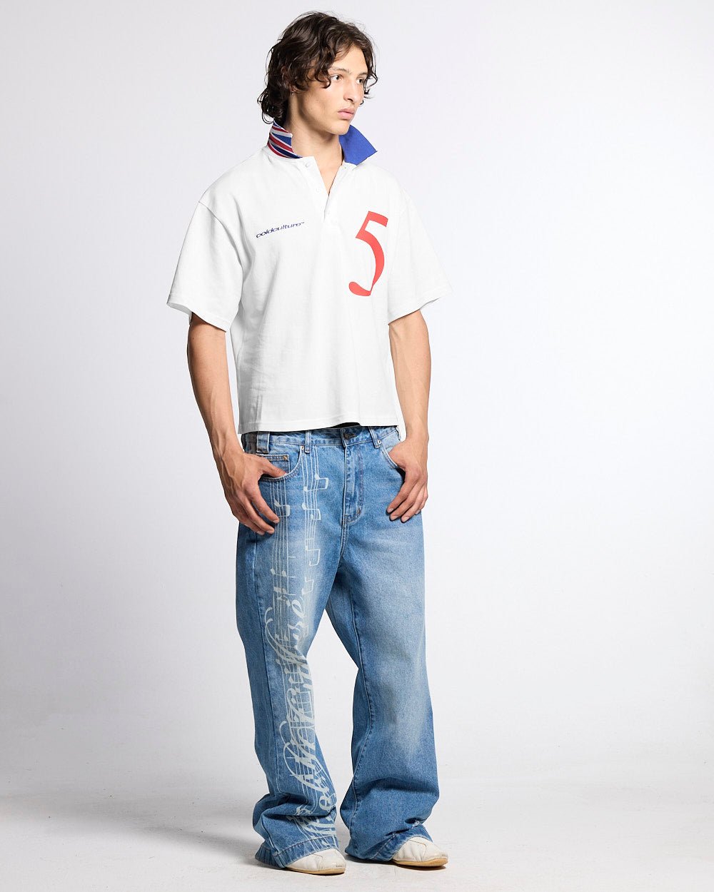 BRIGHTON POLO OFF WHITE - off-white cropped polo shirt, front view on male model - Cold Culture #man