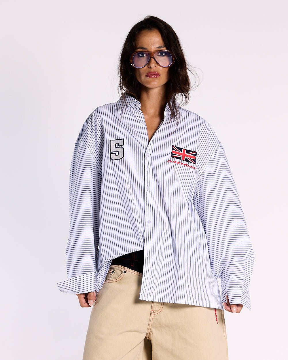 BRIGHTON SHIRT NAVY AND WHITE - blue and white striped shirt, front view on female model - Cold Culture #woman