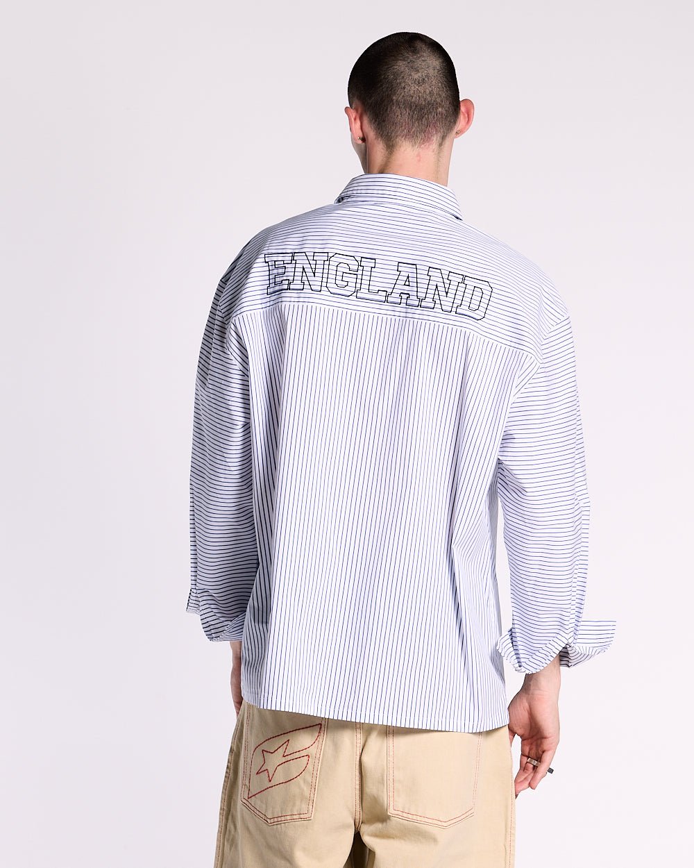 BRIGHTON SHIRT NAVY AND WHITE - blue and white striped shirt, back view on male model - Cold Culture #man