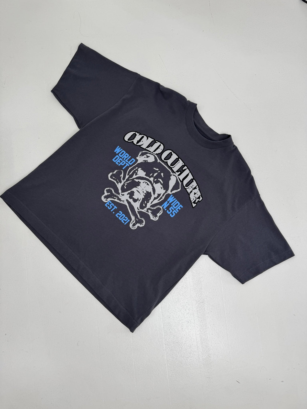 BULLDOG TEE DARK GREY - dark grey bulldog print tee, flat lay - Cold Culture