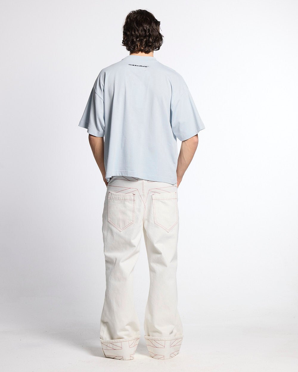 BULLDOG TEE LIGHT BLUE - light blue bulldog print tee, back view on male model - Cold Culture #man