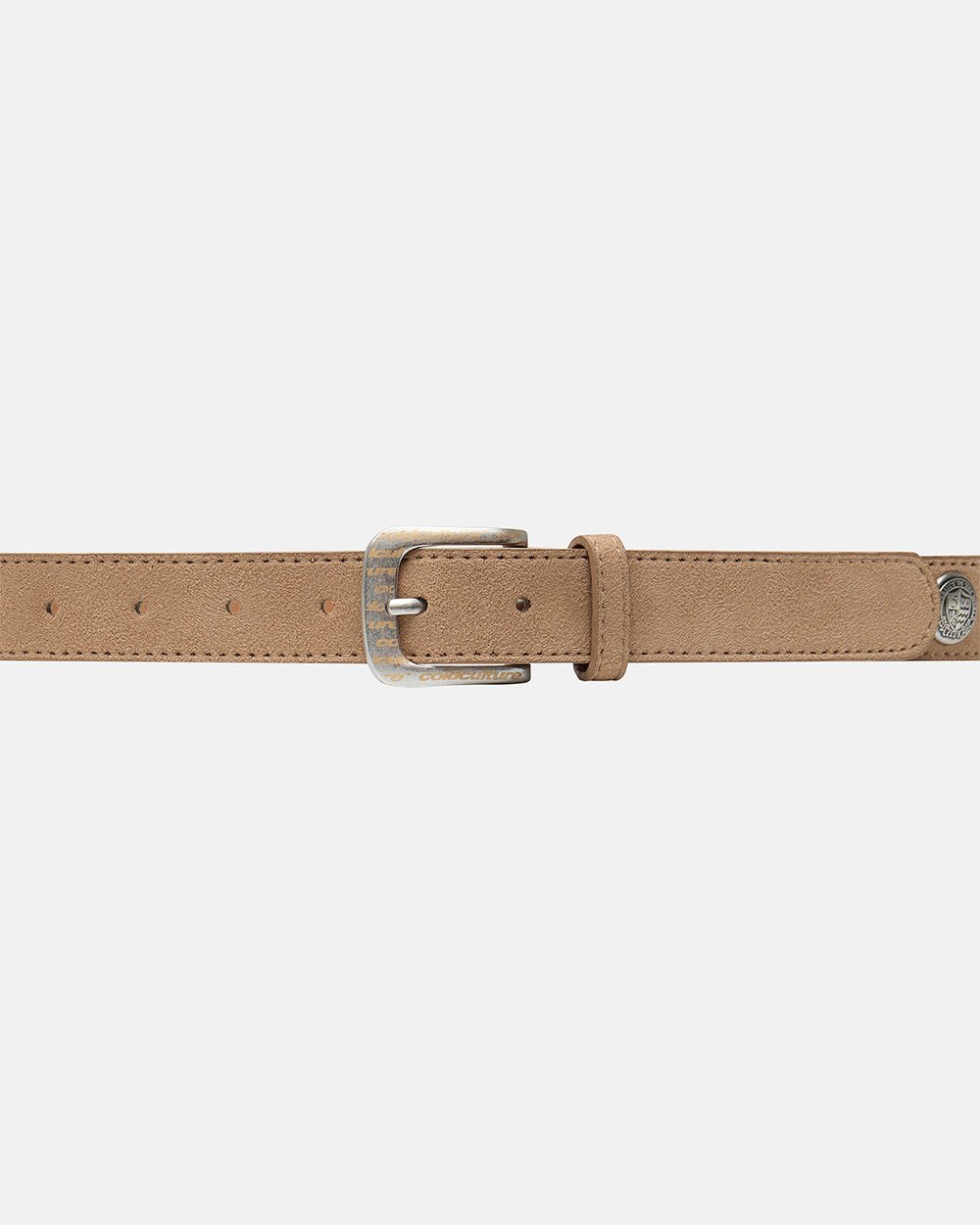 BULL'S EYE BELT BROWN - brown suede belt, detail close-up - Cold Culture