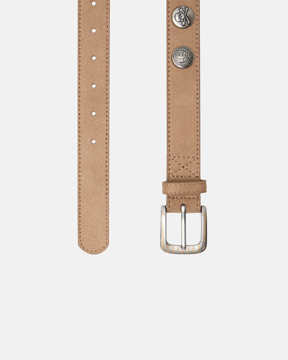 BULL'S EYE BELT BROWN - brown suede belt, detail close-up - Cold Culture